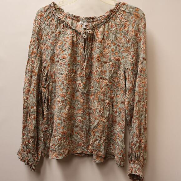 Patrons of Peace Peasant Blouse Fuffle Tie Front, Elastic Sleeves Sz L - Picture 3 of 14